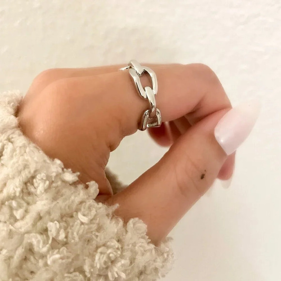 925 Sterling Silver Chain Link Ring Band Midi Ring Thumb Ring Adjustable Ring - Picture 8 of 9